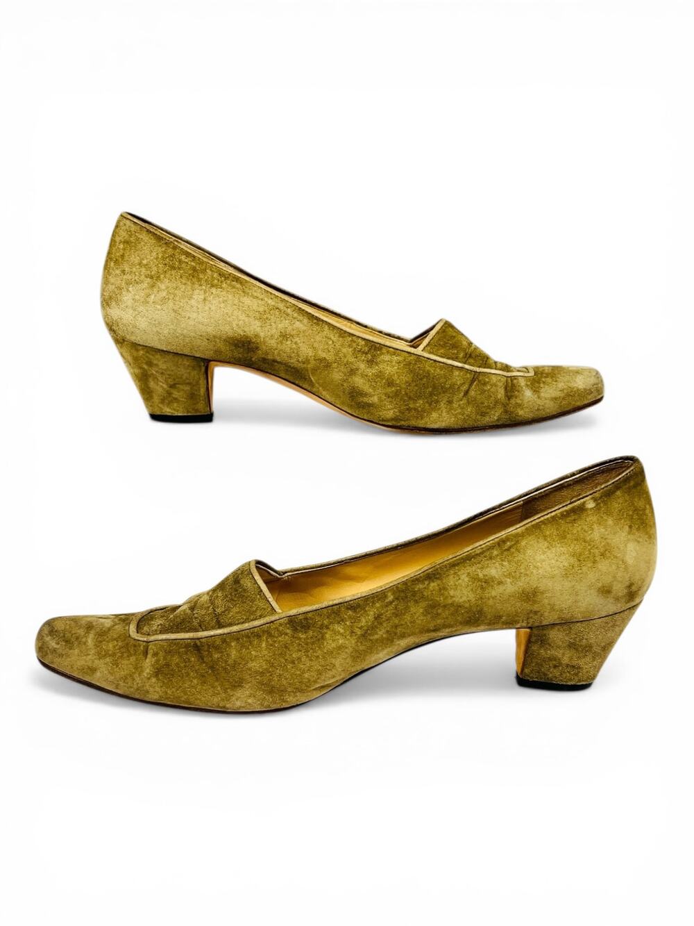 Manolo Blahnik Vintage Greige Suede Heeled Loafers Almond Toe Block Heel EU 39.5